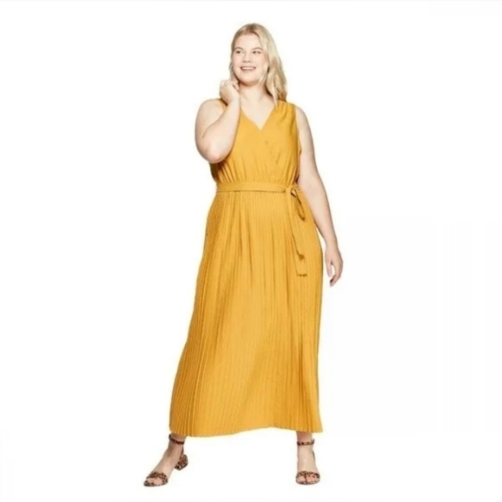 Ava & Viv Mustard V-Neck Sleeveless Maxi Dress with Tie Waist